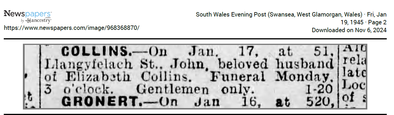 Death notification for John Collins, South Wales Evening Post, January 1945